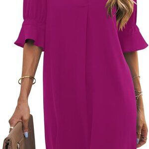Shift Dress for Women V Neck Short Sleeves Solid Color Casual Flowy Summer Dress
